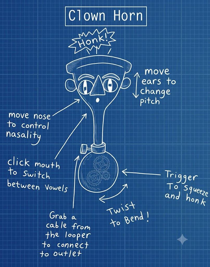 Blueprint drawing explaining the Bingbong Clown Horn